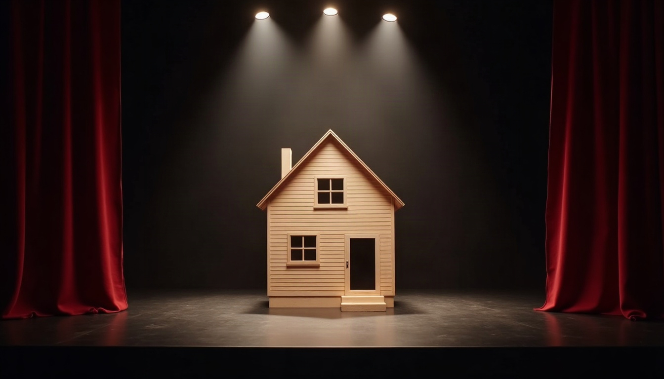 A half-built clapboard house front on a dark stage, lit by a single work light with spotlight beams cutting through haze.