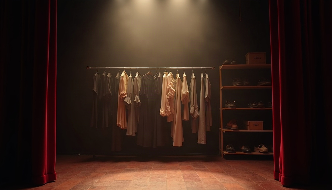 A dim backstage storeroom with muslin-covered costume racks and a beam of warm light catching drifting dust.